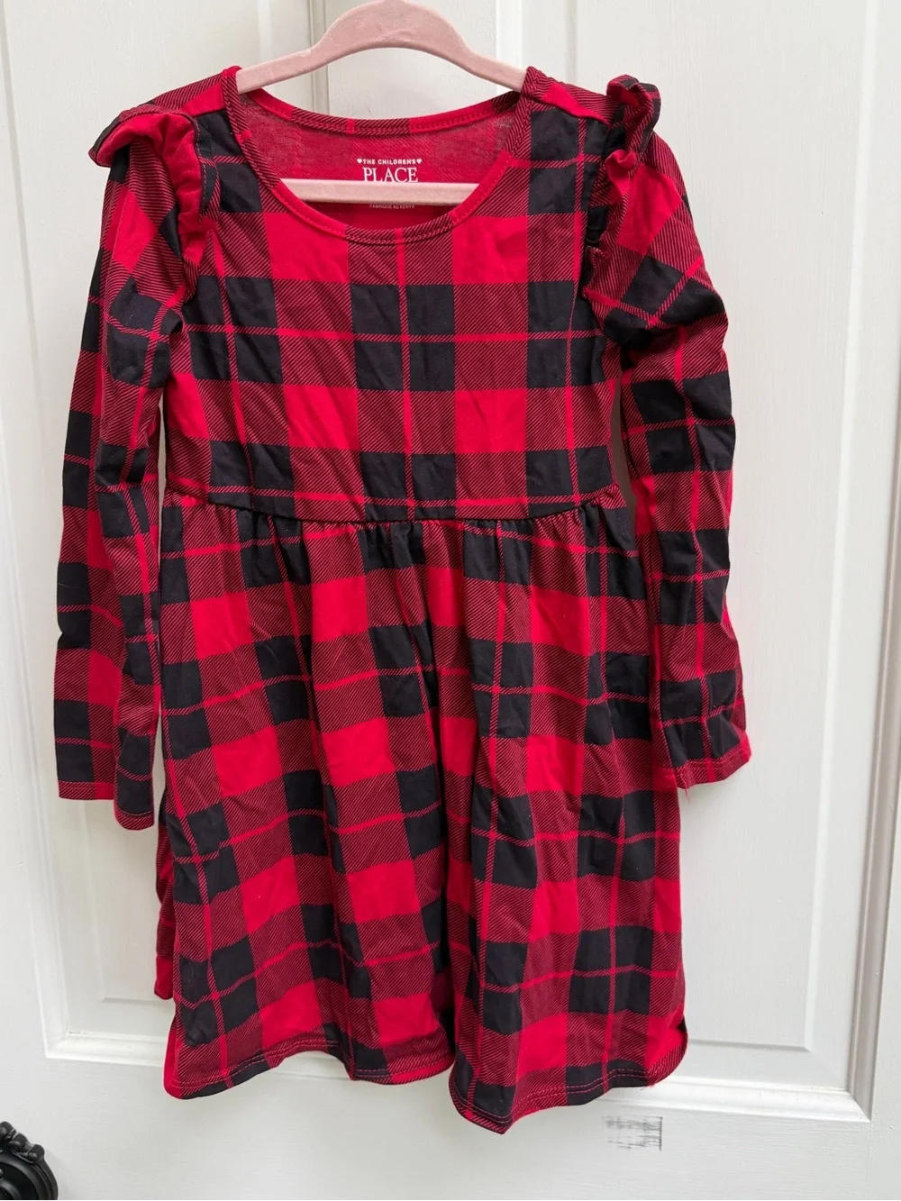 The Children's Place Girls Red Black Buffalo Plaid Long Sleeve Dress Christmas
